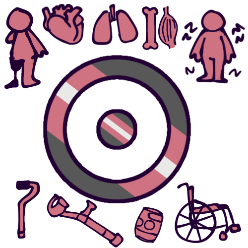  A large disabled sun symbol colored like the physical disability flag surrounded by several small red pictograms representing different physical disabilities and aids relating to them. The disabled sun symbol is a large ring with a small circle inside; The physical disability flag is a grey field with diagonal red, white, and red strips going through it diagonally. The pictograms are a person with limb differences, lacking their right arm and leg, and using a prosthetic leg; An anatomical heart; A pair of lungs; A bone and muscle; A full body standing with jagged lines coming off of it; A walking cane; A forearm crutch; A knee brace; A manual wheelchair. 